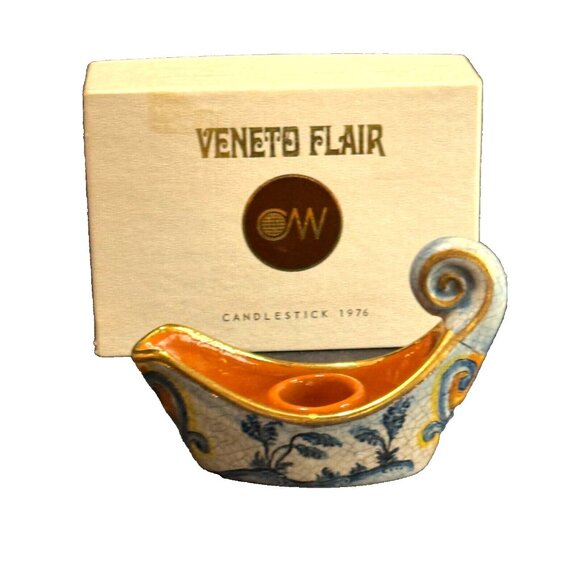 Vintage Veneto Flair Candlestick Signed 1976 Italian Ceramic Scroll Design - Picture 1 of 9